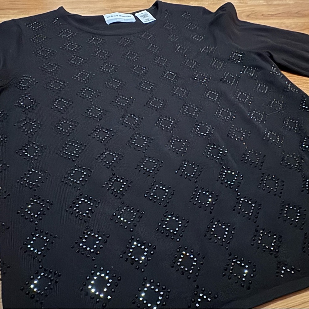 Alfred Dunner black 3/4 sleeve sweater diamond beads rhinestones PS Petite Small - Picture 2 of 8